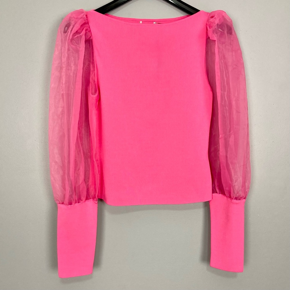 Alice + Olivia French Rose Pink Puff-Sleeve Scoop Neck Sweater - Picture 2 of 15